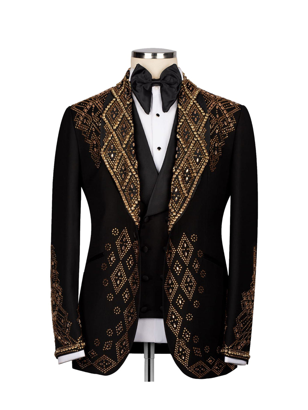 Men's Shawl Lapel Black and Gold Rhinestone Embellished Three Piece Tuxedo