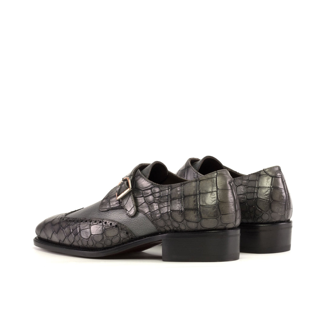 Men's Single Monk Strap Wingtips in Grey Croco Printed Calf with Chisel Toe - Maison Kingsley Couture Spain