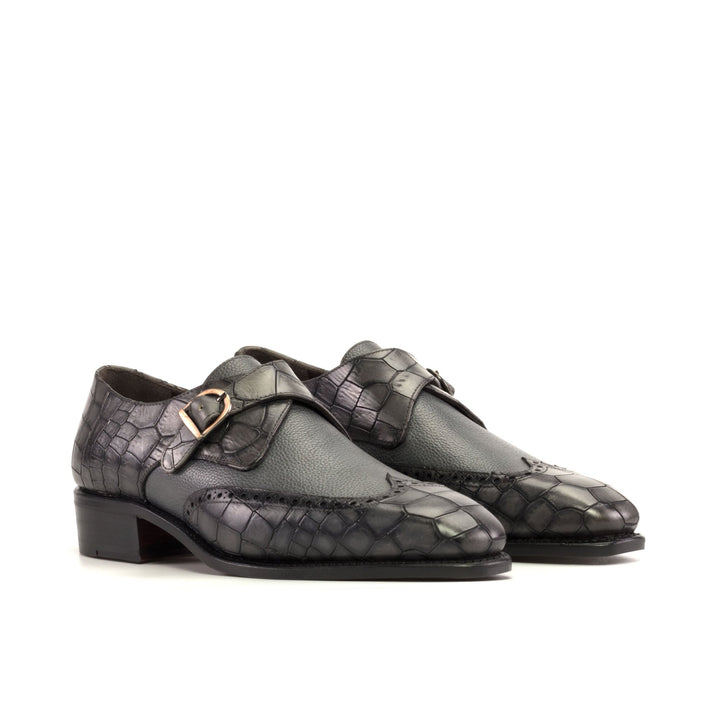 Men's Single Monk Strap Wingtips in Grey Croco Printed Calf with Chisel Toe - Maison Kingsley Couture Spain
