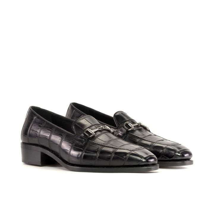 Men's All Black Alligator Horsebit Loafers with High Heel