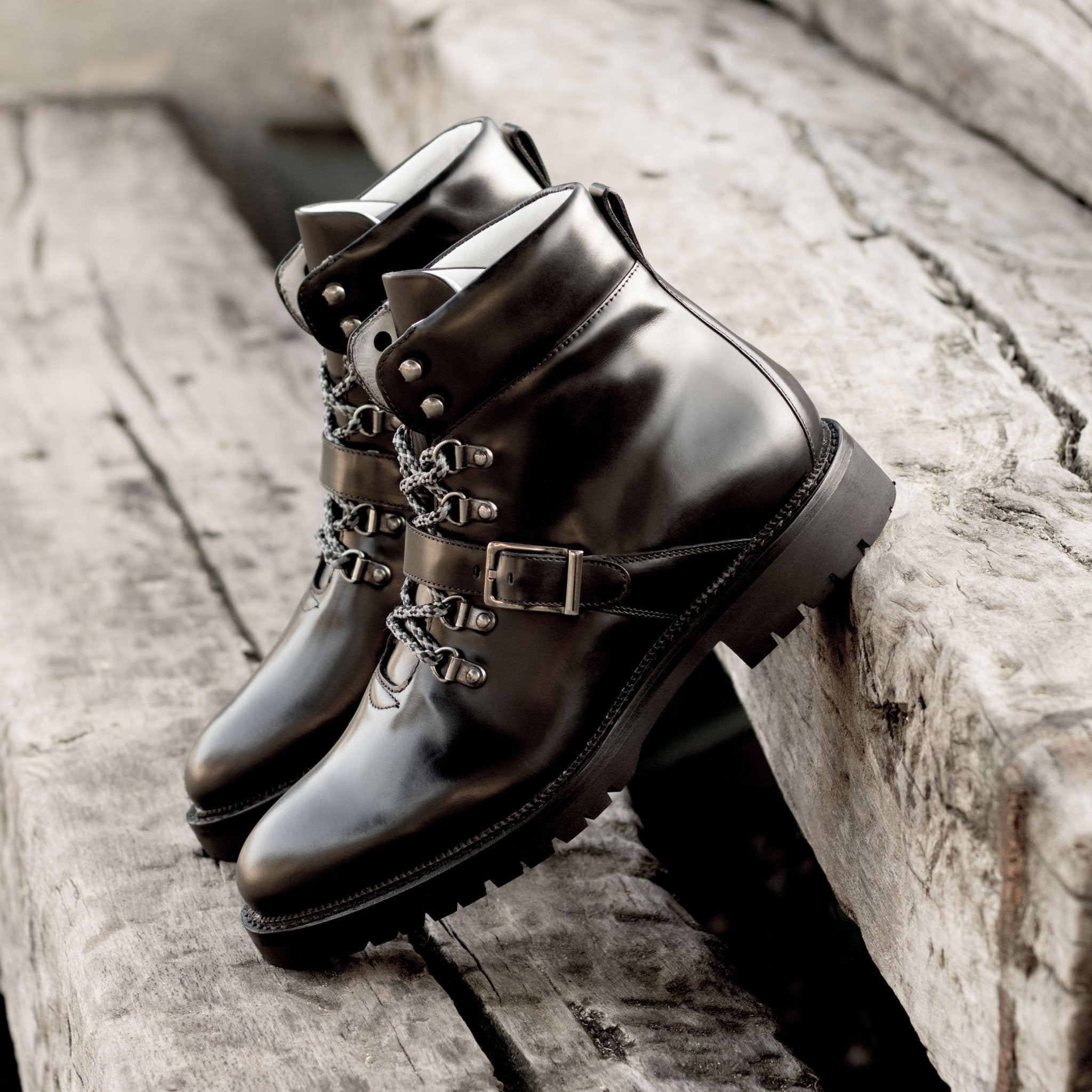 Men's Triple Black Hiking Boots with Commando Sole - Maison de Kingsley Couture Harmonie et Fureur Spain