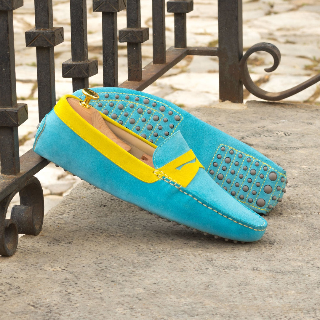 Men's Turquoise and Yellow Suede Driving Loafers