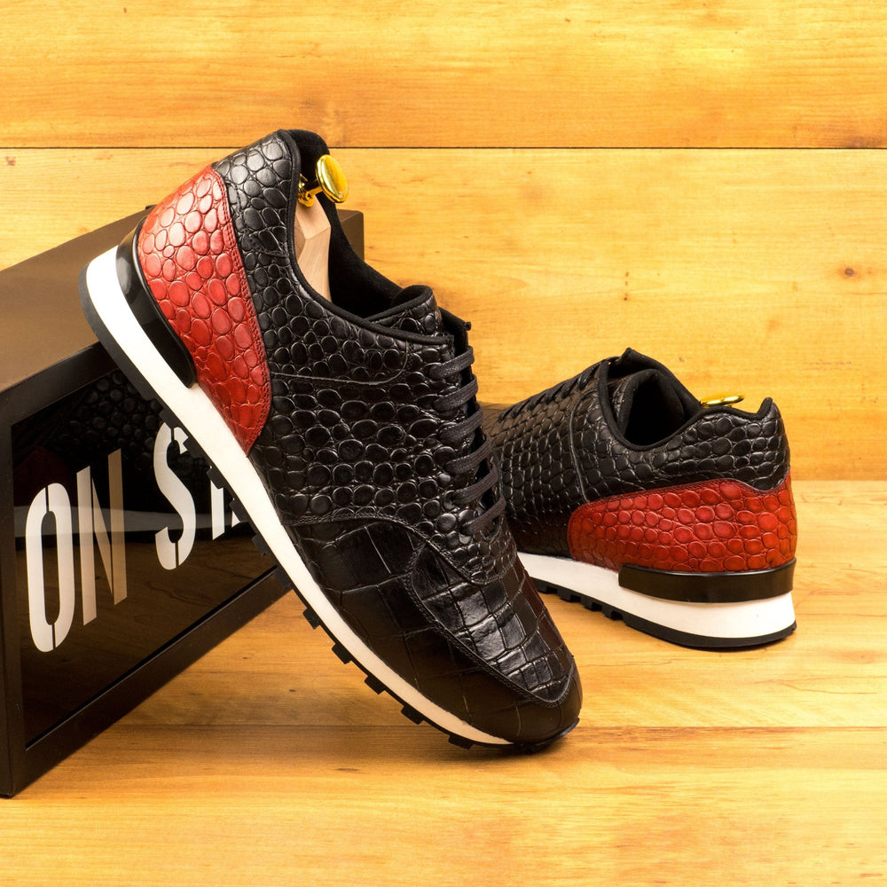 Men's Scarpa Jogging Sneakers in Black and Red Croco Print Calf