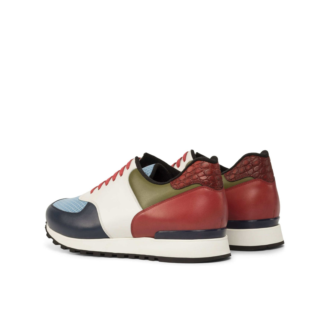 Men's Scarpa Jogging Sneakers in White Red and Olive Croc Print and Calf