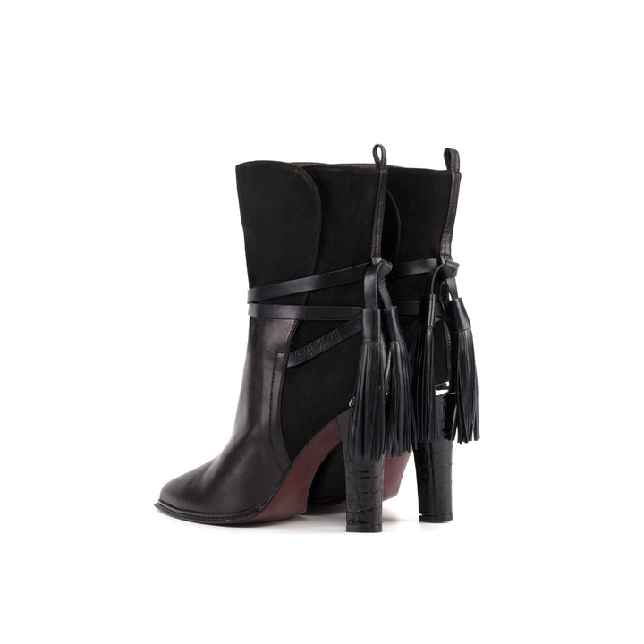 Women's Cartagena Boots in Black Suede Nappa Leather and Croco Print