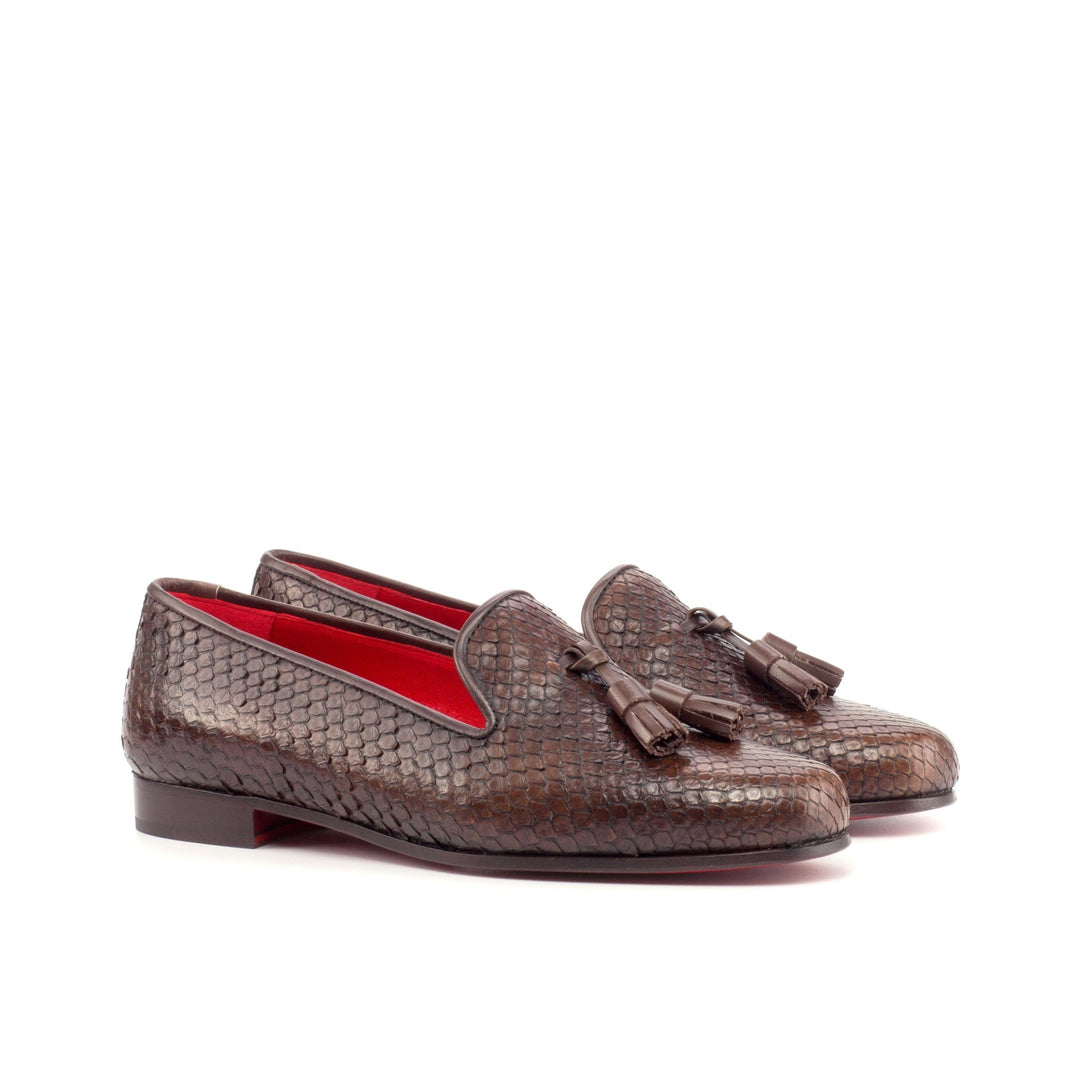 Women's Complète Dark Brown Python Smoking Slipper with Tassels and Red Sole - Maison Kingsley Couture Spain