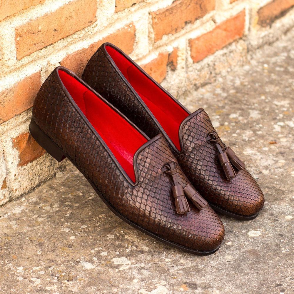 Women's Complète Dark Brown Python Smoking Slipper with Tassels and Red Sole - Maison Kingsley Couture Spain