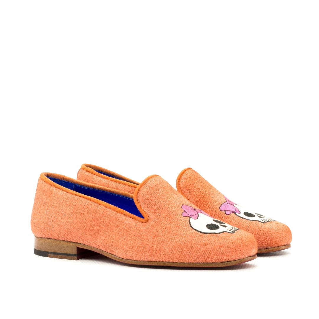 Women's Complète Orange Linen Smoking Slippers with Skull and Bow Embroidery