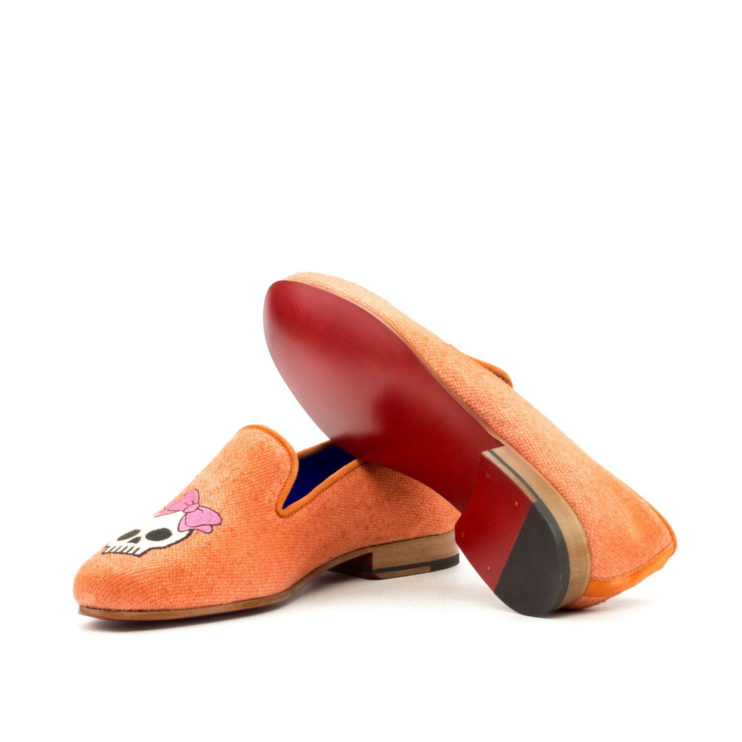 Women's Complète Orange Linen Smoking Slippers with Skull and Bow Embroidery