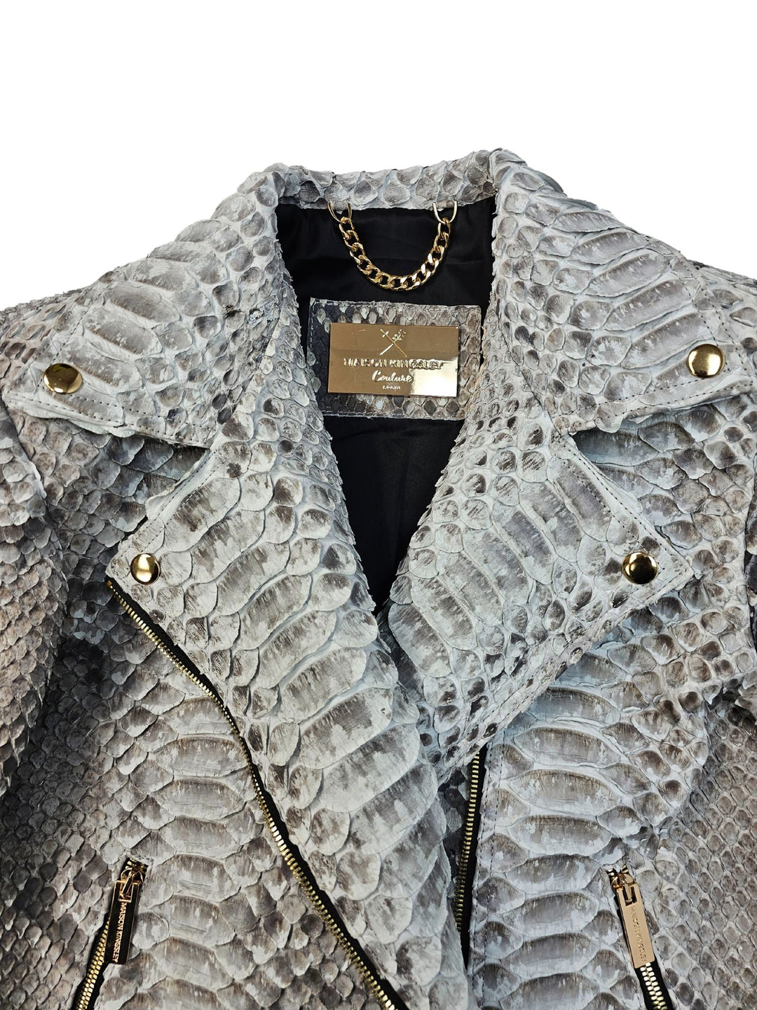 Women's Hendrix Grey and White Natural Python Biker Jacket - Maison Kingsley Couture Spain