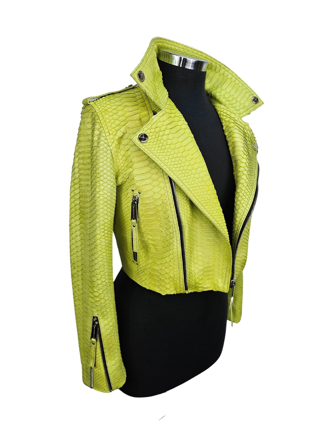 Women's Mejor Cropped Lime Green Python Biker Jacket - Maison Kingsley Couture Spain