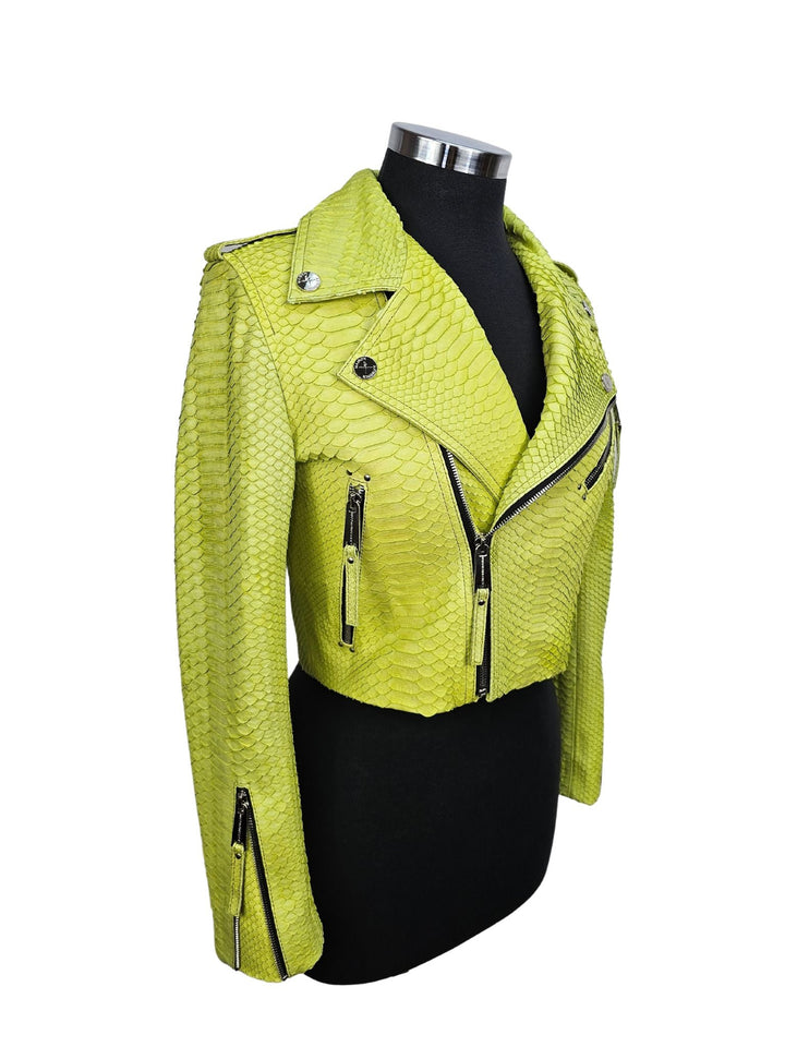 Women's Mejor Cropped Lime Green Python Biker Jacket - Maison Kingsley Couture Spain