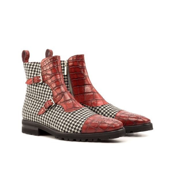 Men's Double Monk Boots in Houndstooth and Red Croco Print Calf with Zipper