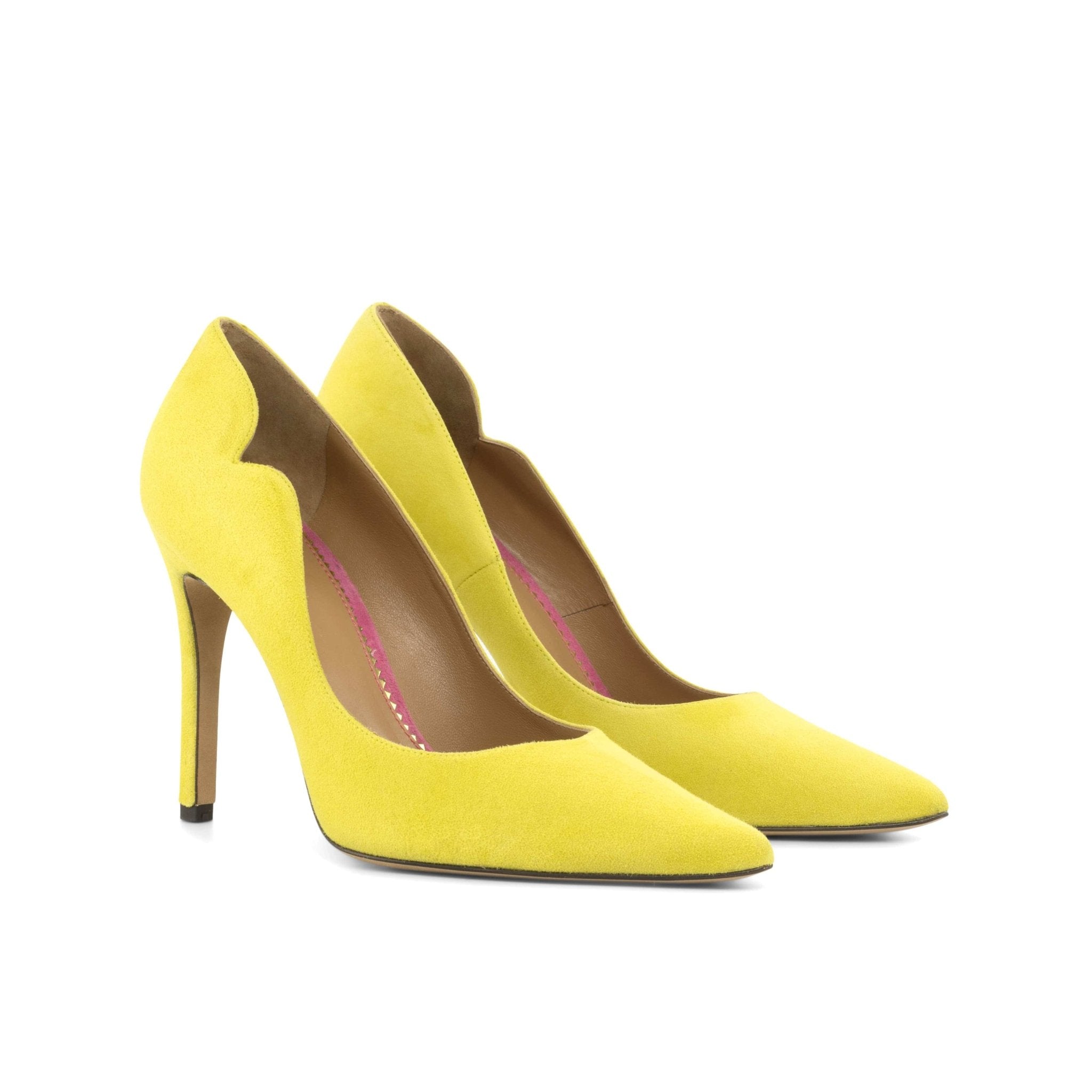 Brielle 100mm Heels in Italian Suede Lemon Yellow Leather Heel Sole Dark Camel