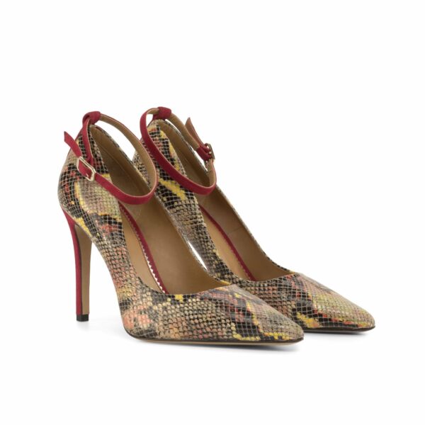 Harmonie 4 Inch Red Snake Print Italian Leather and Suede Heels