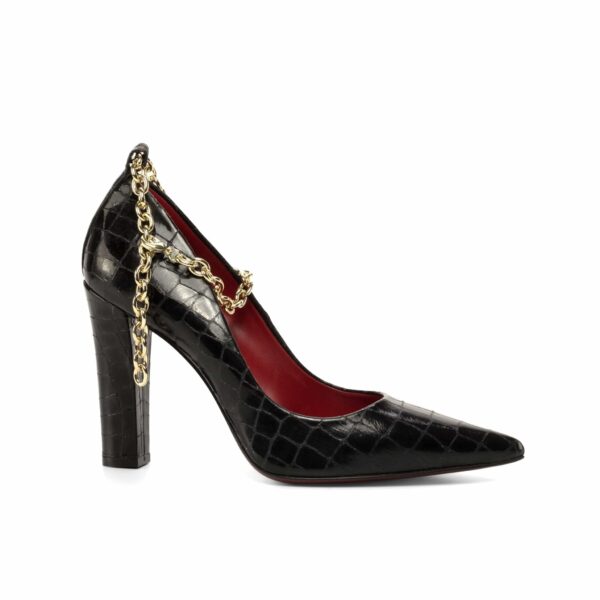 Harmonie 4 Inch Black Croco Print Heels with Gold Chain