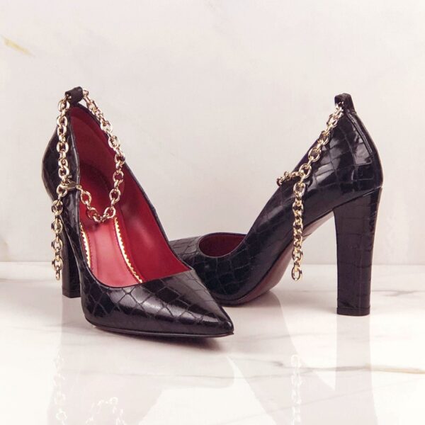 Harmonie 4 Inch Black Croco Print Heels with Gold Chain