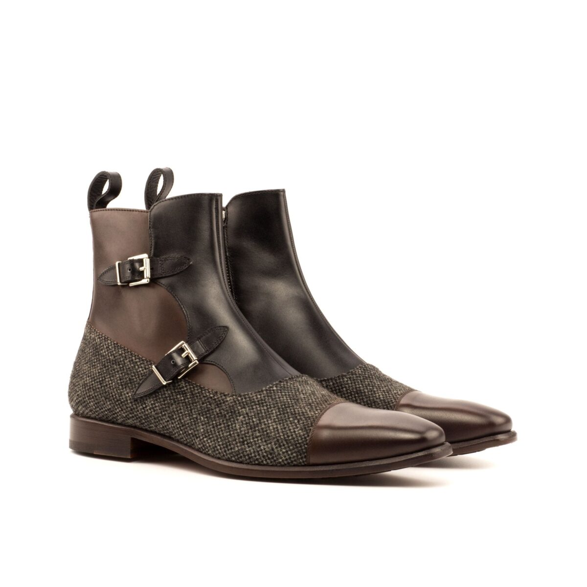 Men's Double Monk Boots in Sartorial Nailhead and Dark Brown Painted Calf with Zipper