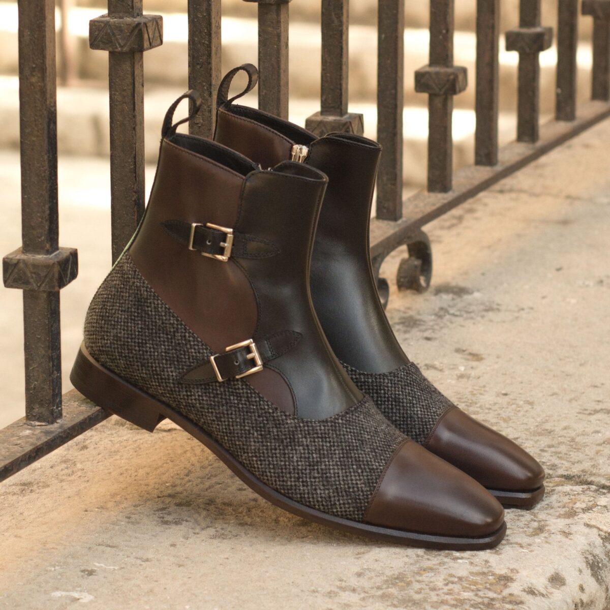 Men's Double Monk Boots in Sartorial Nailhead and Dark Brown Painted Calf with Zipper