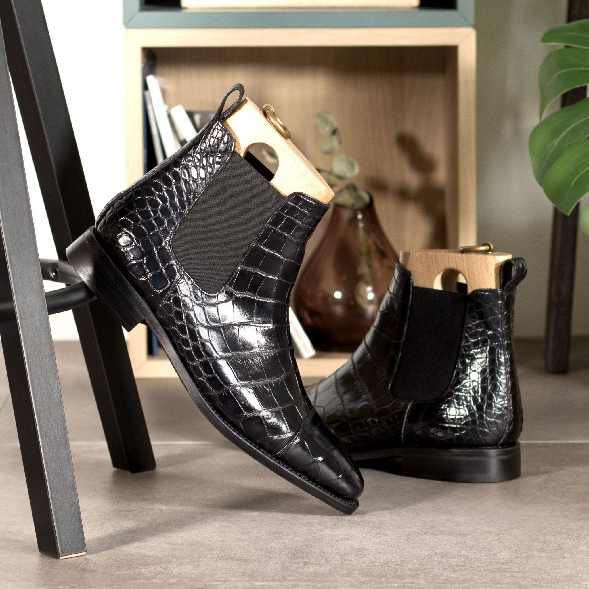 Men s Black Alligator Chelsea Boots with Square Toe