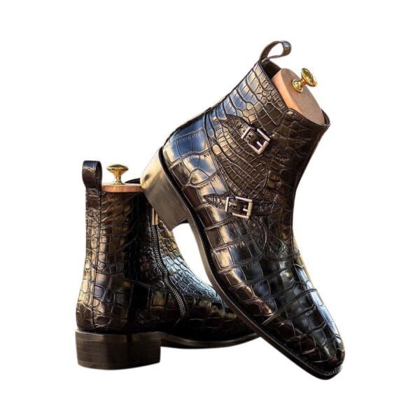 Men's Black Alligator Double Monk Boots with Zipper and High Heel