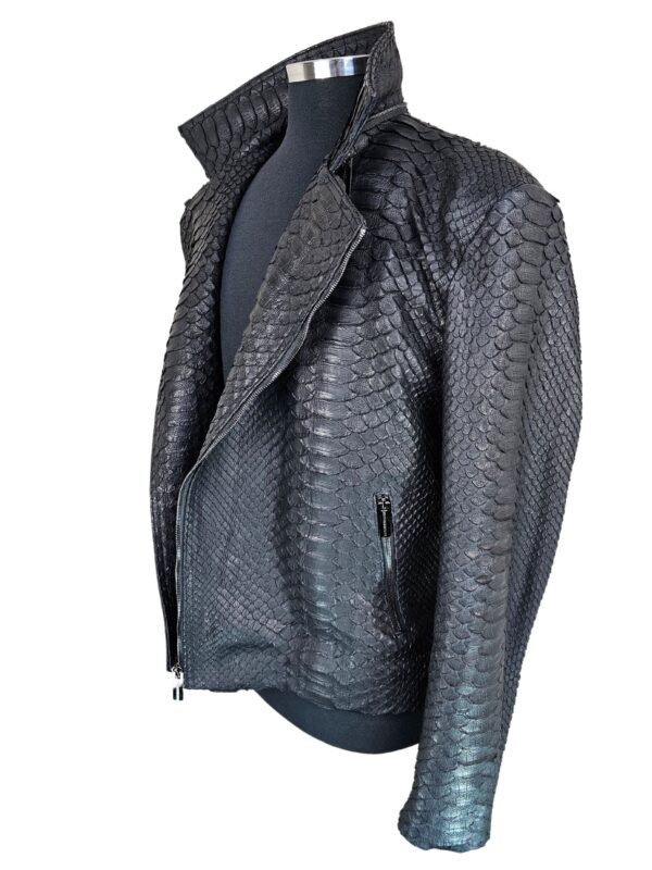 Men's Black Python Biker Jacket with Detachable Hood