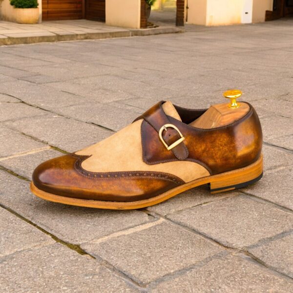 Men's Camel Suede and Cognac Patina Single Monk Strap Wingtips