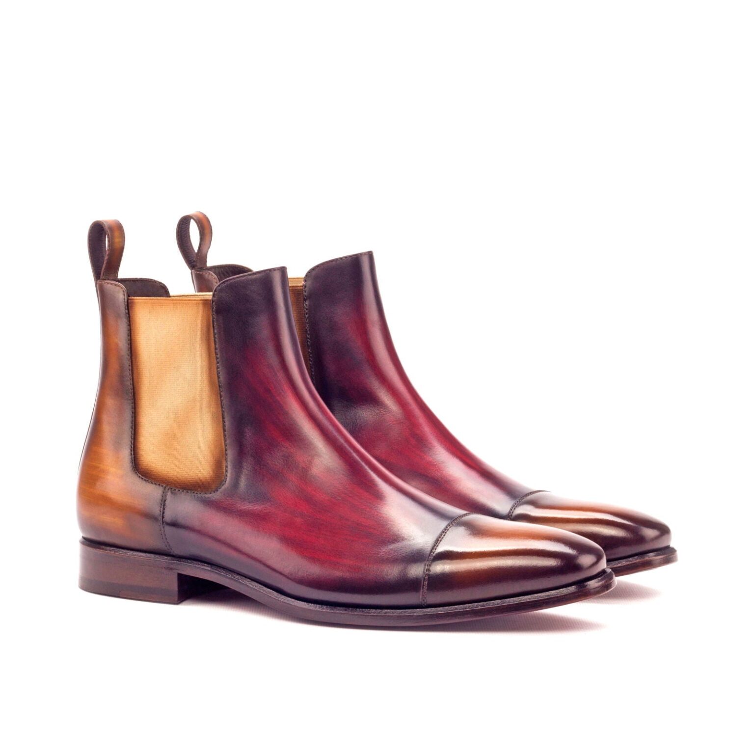 Men's Cognac and Burgundy Patina Chelsea Boots