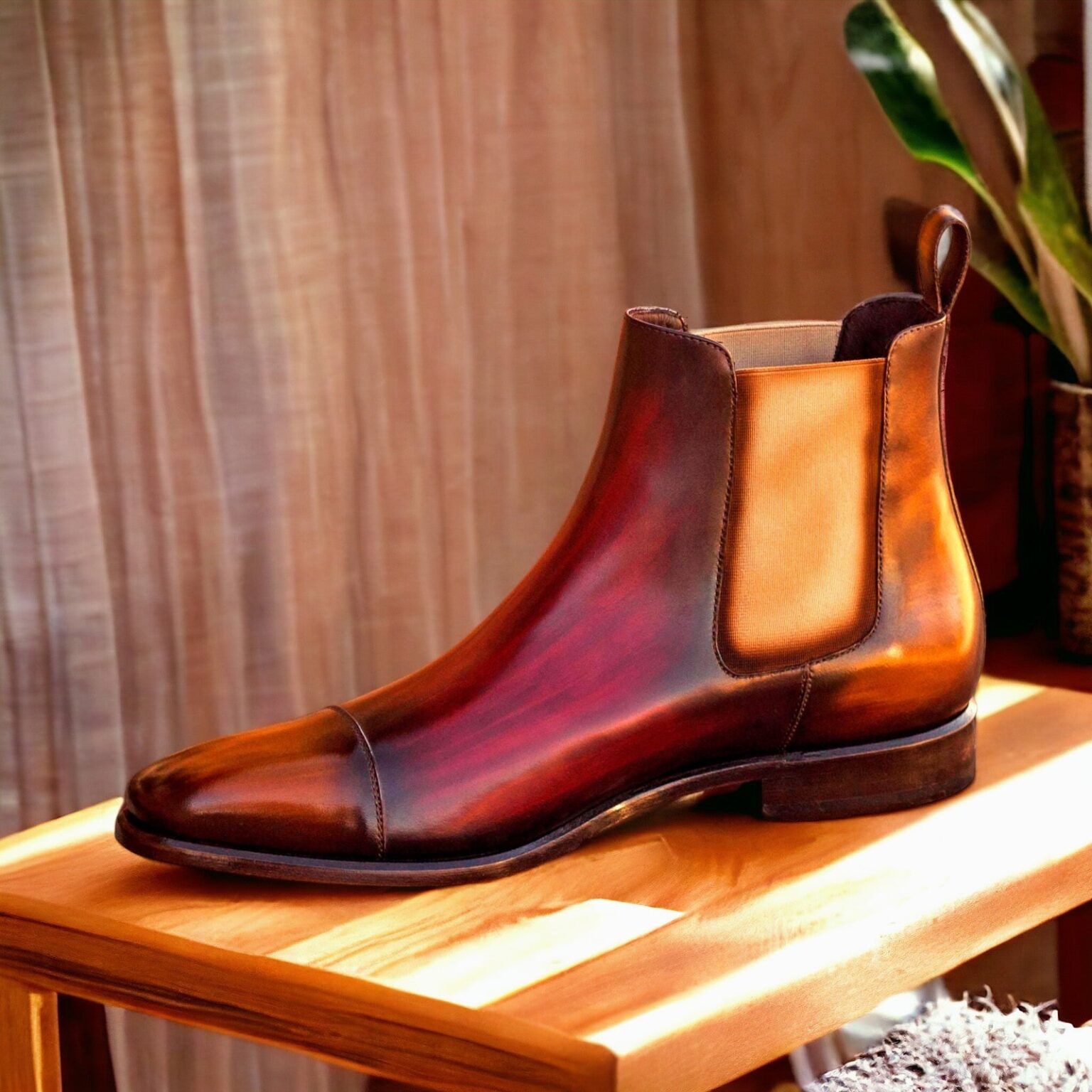 Men's Cognac and Burgundy Patina Chelsea Boots