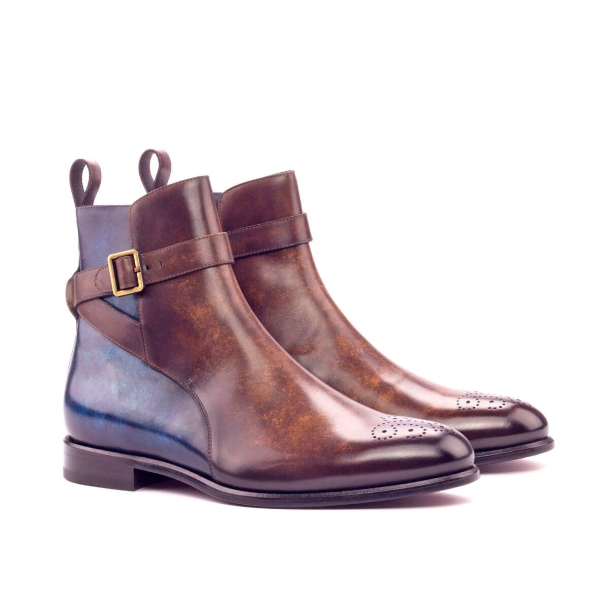 Men's Denim Blue and Brown Patina Jodhpur Boots with red bottom