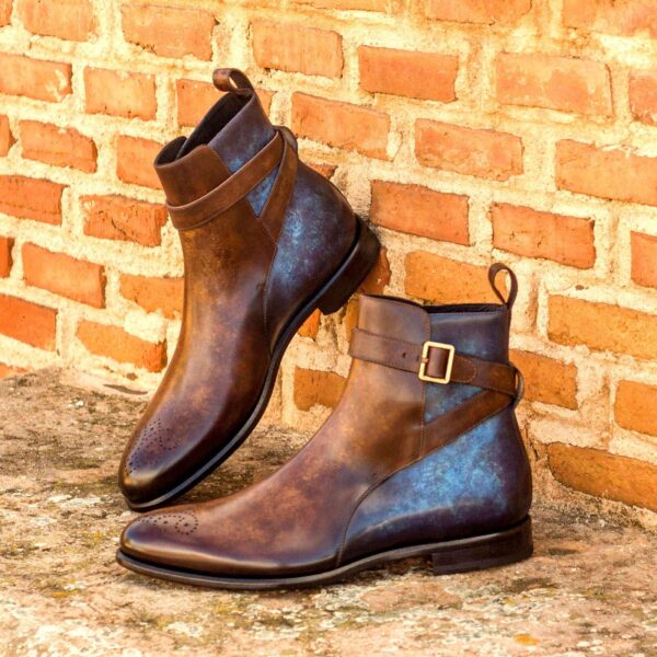 Men's Denim Blue and Brown Patina Jodhpur Boots with red bottom