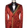 Mens Double Breasted Peak Lapel Two Piece Tuxedo in Red and Black Embellished with Gold Leaves