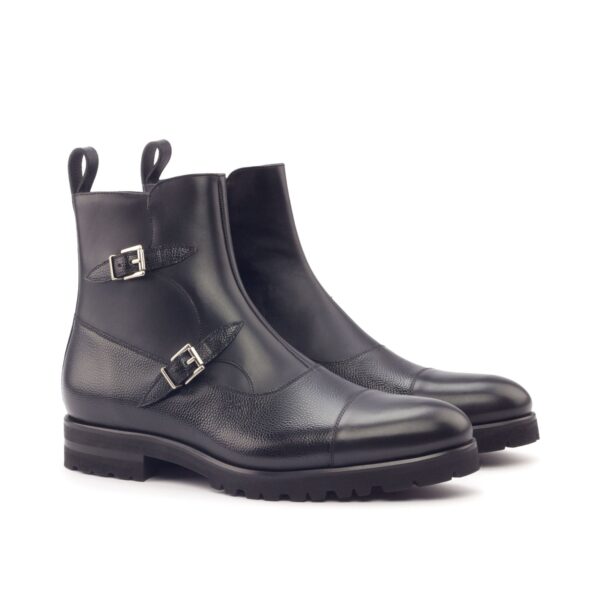 Men's Double Monk Boots in Black Pebble Grain and Italian Calf with Zipper