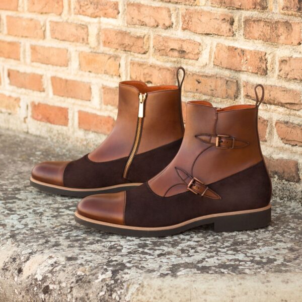 Men's Double Monk Boots in Brown Suede and Medium Brown Italian Leather with Zipper