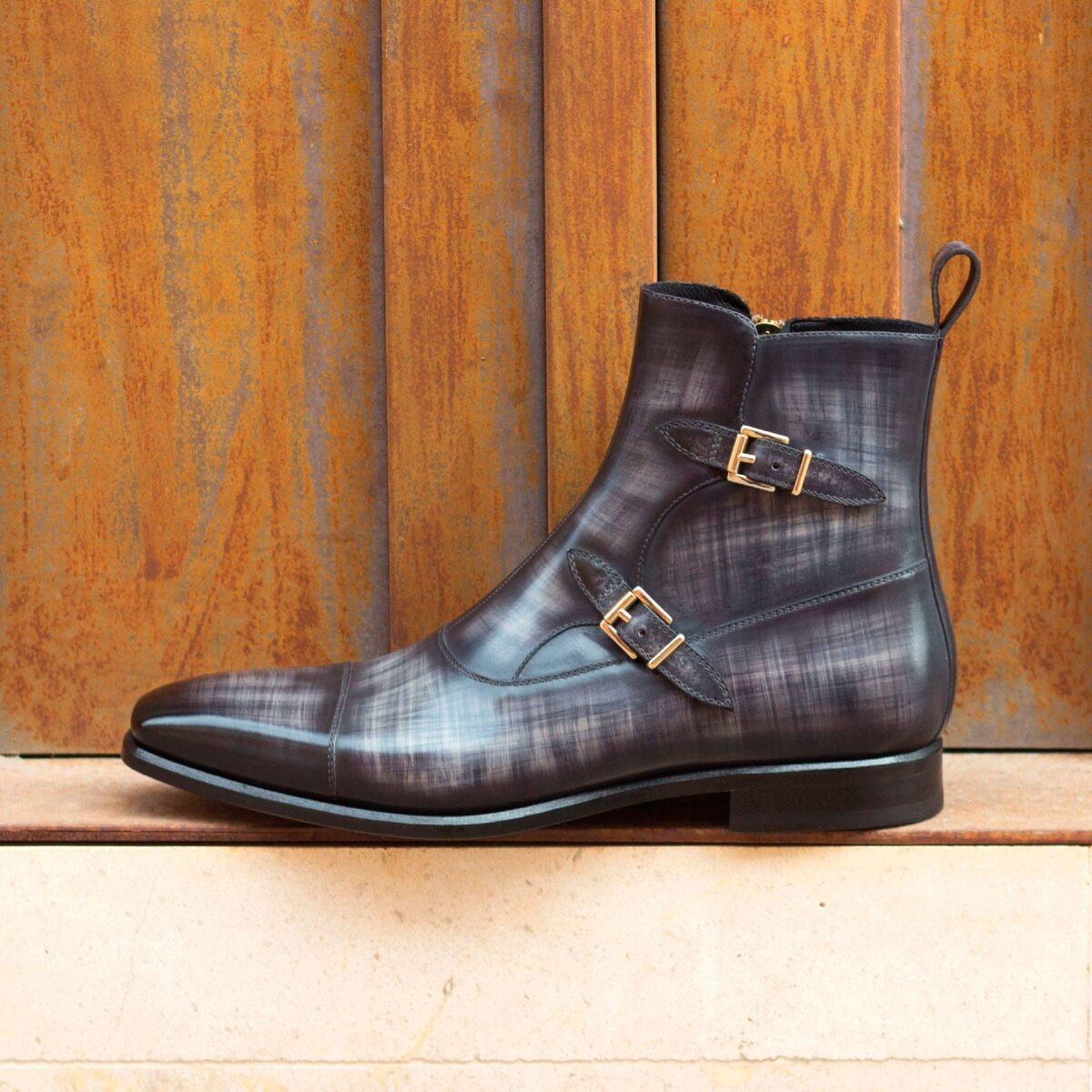 Men's Double Monk Boots in Grey Hand-painted Patina