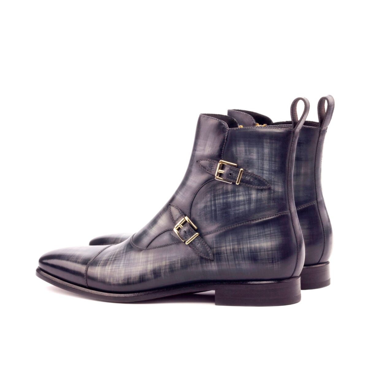 Men's Double Monk Boots in Grey Hand-painted Patina