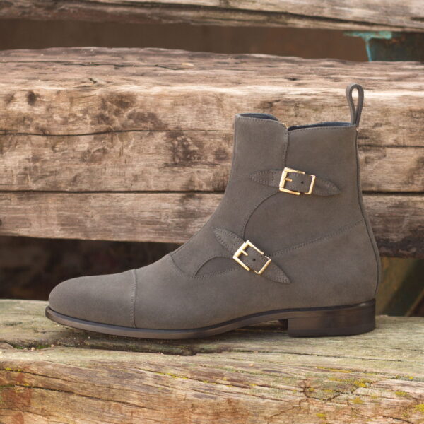 Men's Double Monk Boots in Grey Lux Suede with Zipper