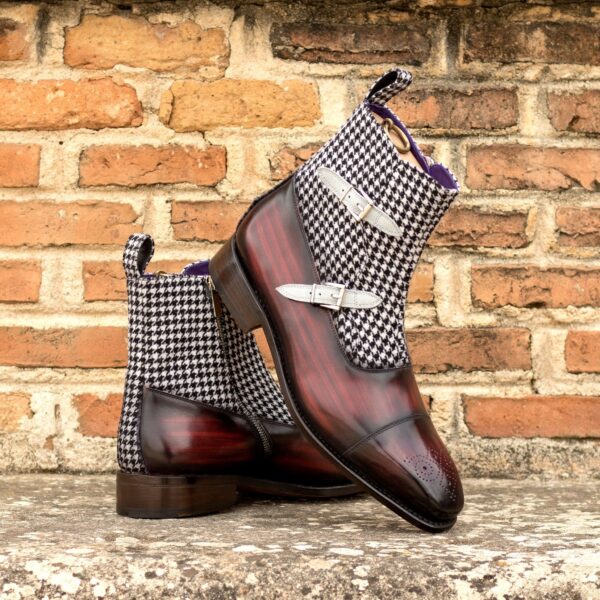 Men's Double Monk Boots in Houndstooth and Burgundy Patina with Zipper