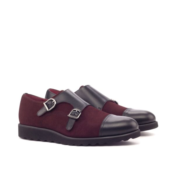 Men's Double Monk Strap in Burgundy Lux Suede and Black Calf with Wedge Sole