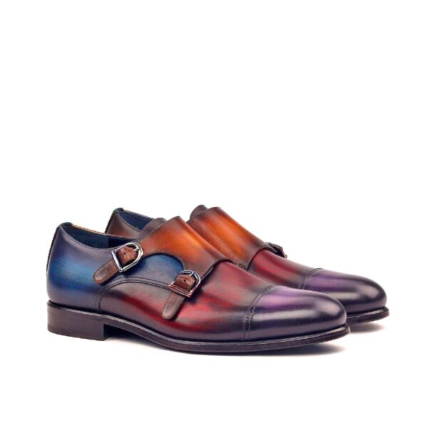 Men's Double Monk Strap in Denim Blue Burgundy and Cognac Patina