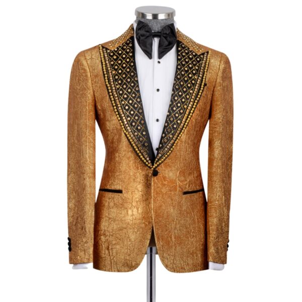 Men's Gold and black Embellished Peak Lapel Three Piece Tuxedo