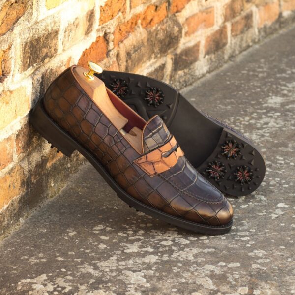 Men's Golf Loafers in Dark and Medium Brown Croc Print Calf