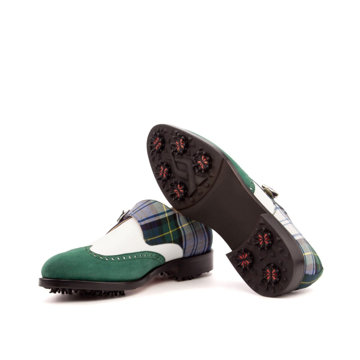 Men's Golf Single Monk Wingtip in Green Tartan White and Suede