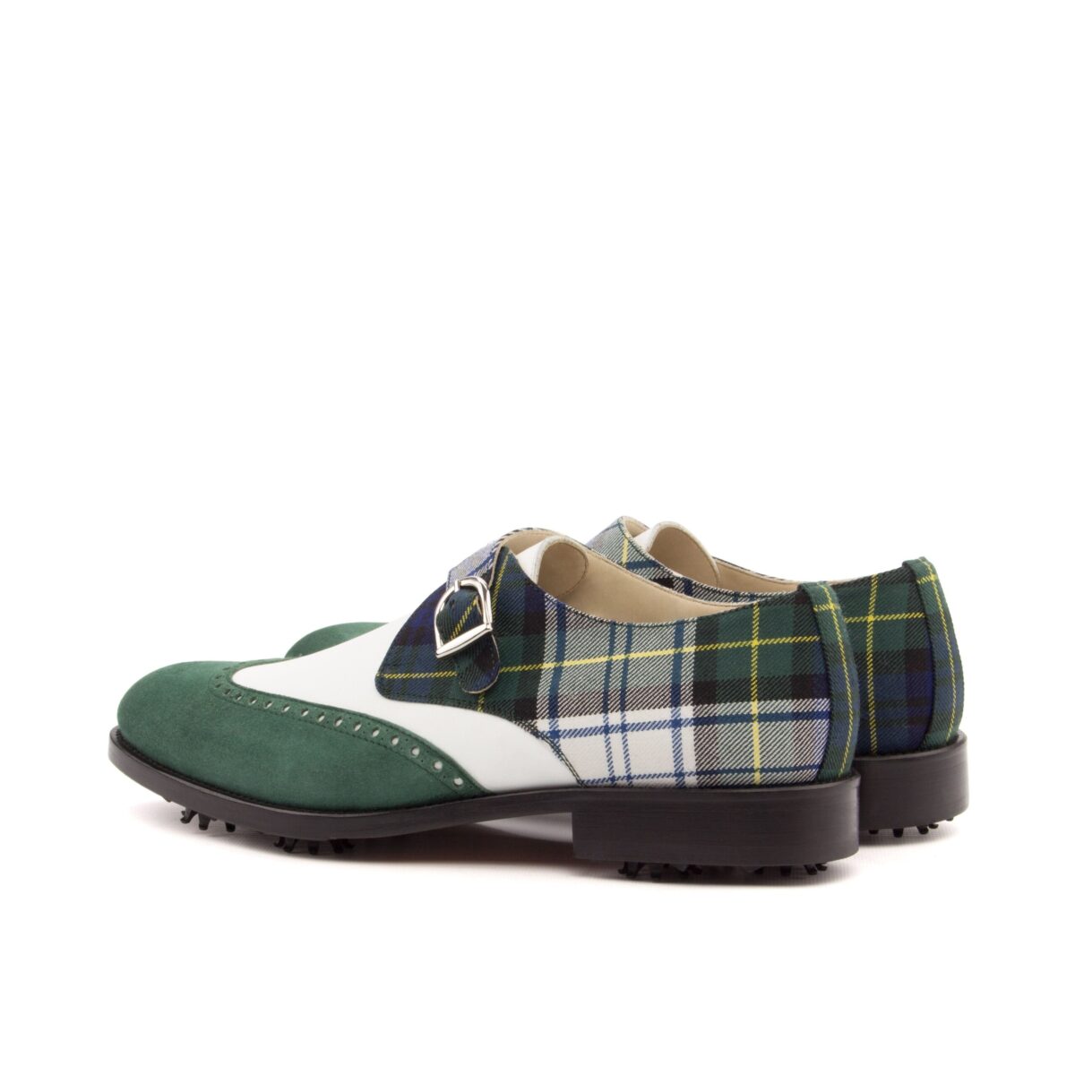 Men's Golf Single Monk Wingtip in Green Tartan White and Suede