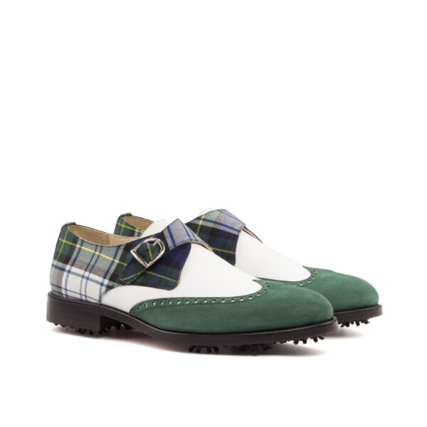 Men's Golf Single Monk Wingtip in Green Tartan White and Suede