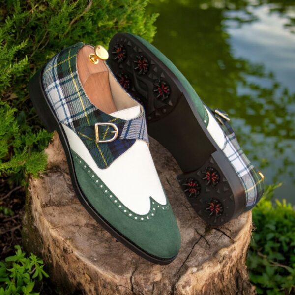 Men's Golf Single Monk Wingtip in Green Tartan White and Suede