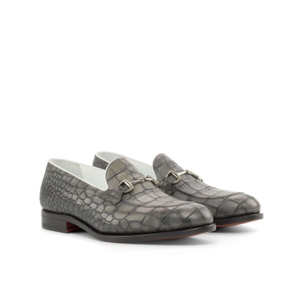 Men's Grey and White Horsebit Loafers in Croco Print Calf