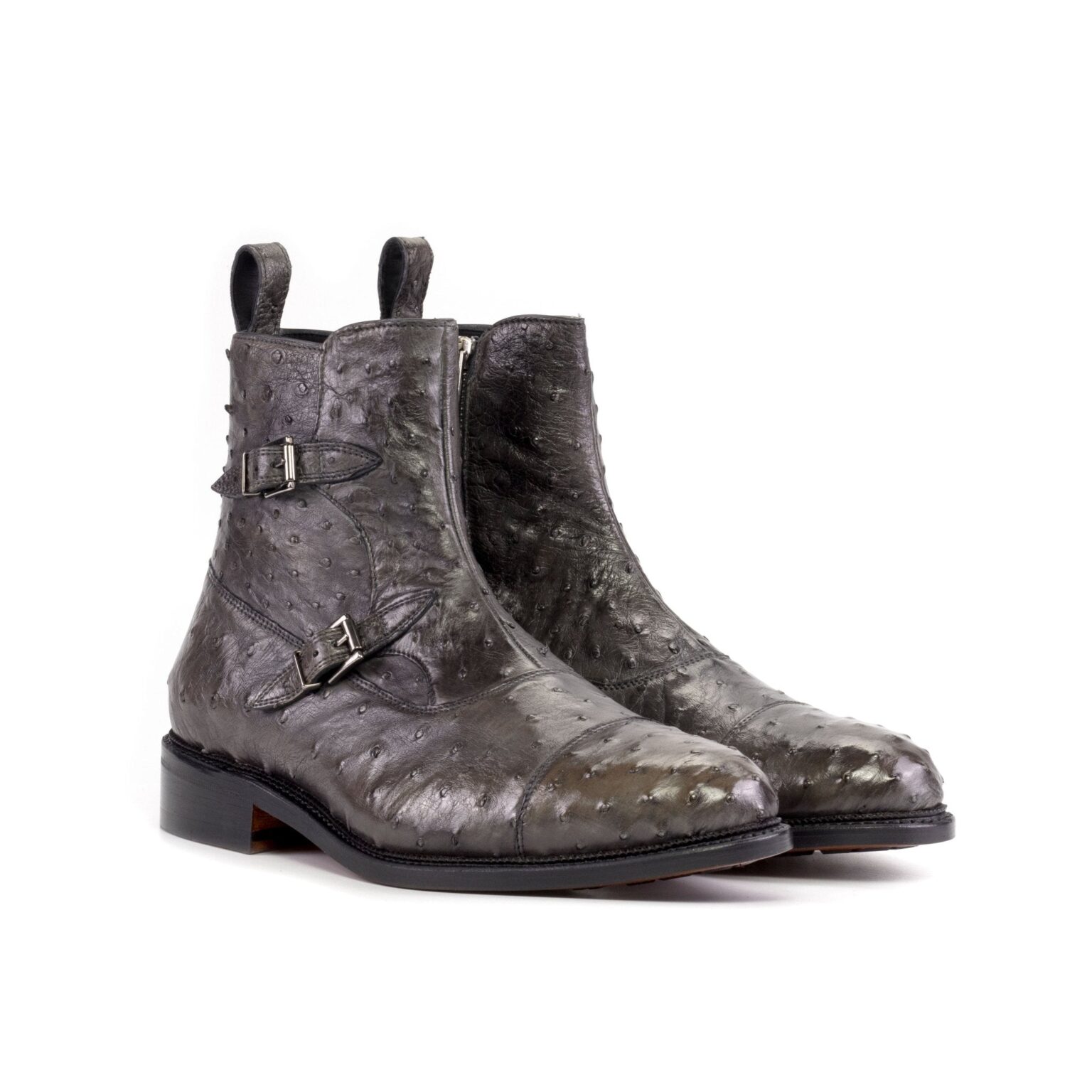 Men's Grey Ostrich Double Monk Boots with Zipper