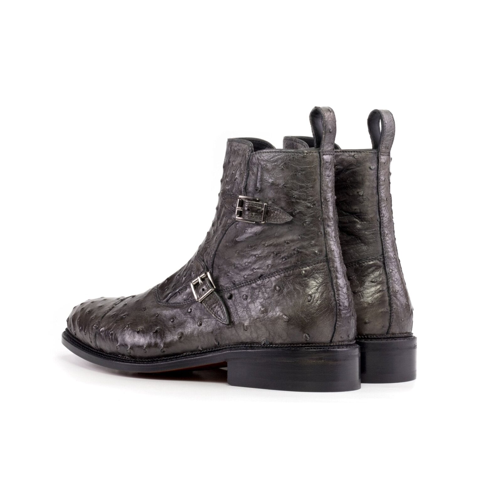 Men's Grey Ostrich Double Monk Boots with Zipper