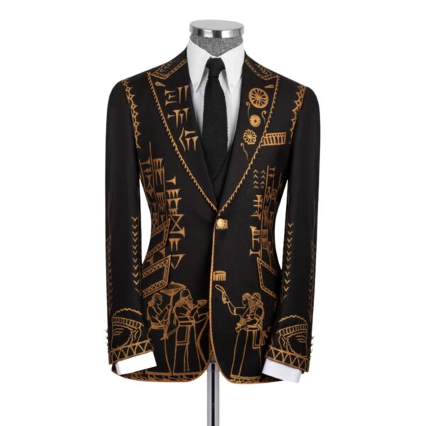 Men's Hand-painted Ancient Sumerian Cuneiform Motif Peak Lapel Three Piece Suit in Black and Gold